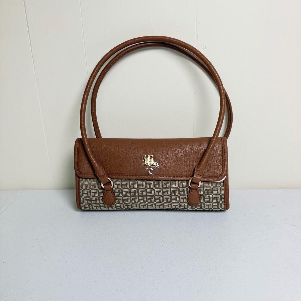 Tommy Hilfiger TH Monogram Shoulder Bag Brown Beige Gold Hardware